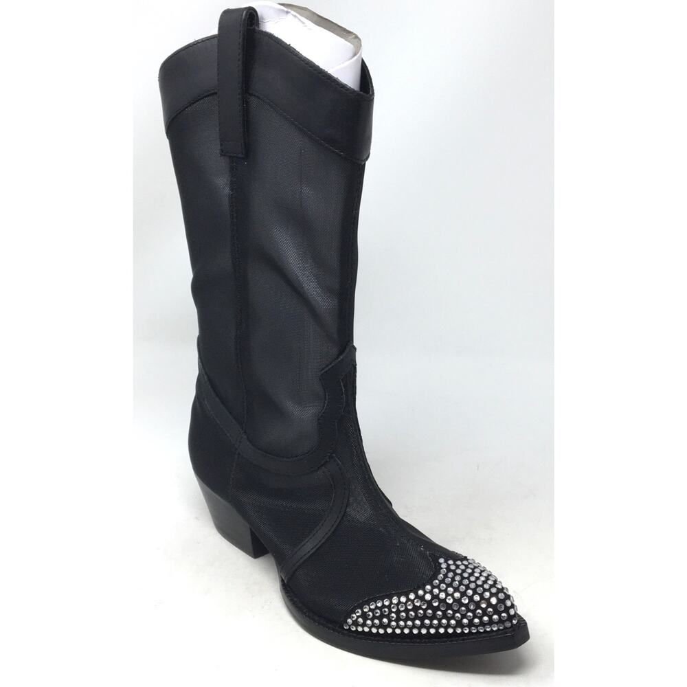Karl Lagerfeld Paris Lakota Women's 5 Black Mesh Rhinestone Toe Western Boots